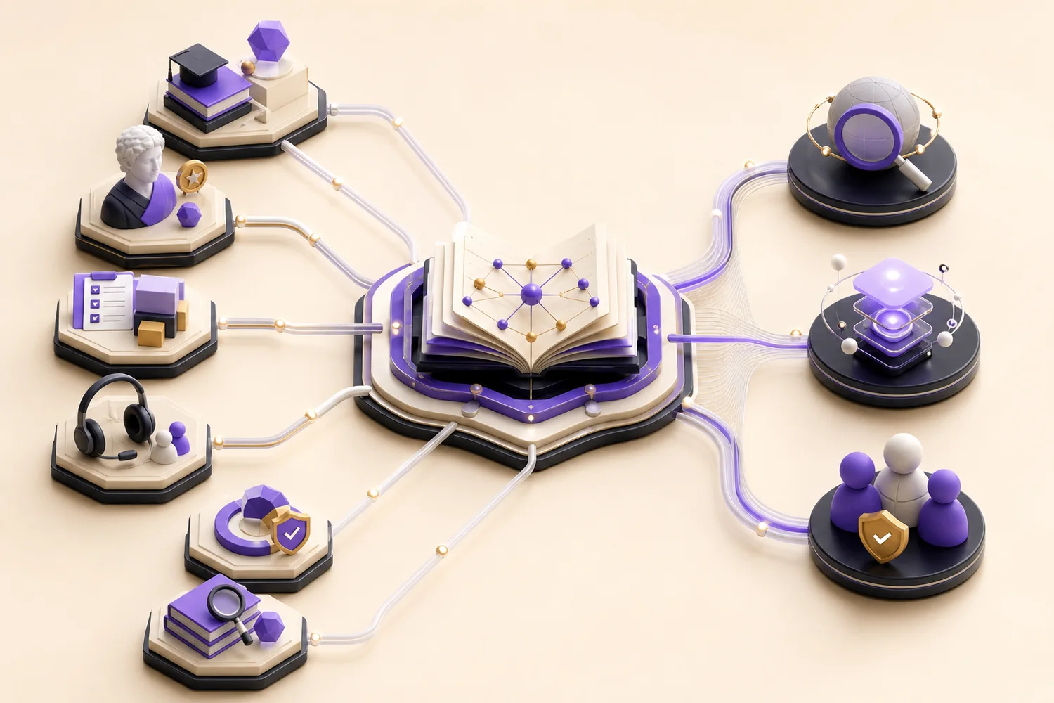 Illustration connecting EdTech product facts, expert proof, support and independent sources with search and buyer decisions